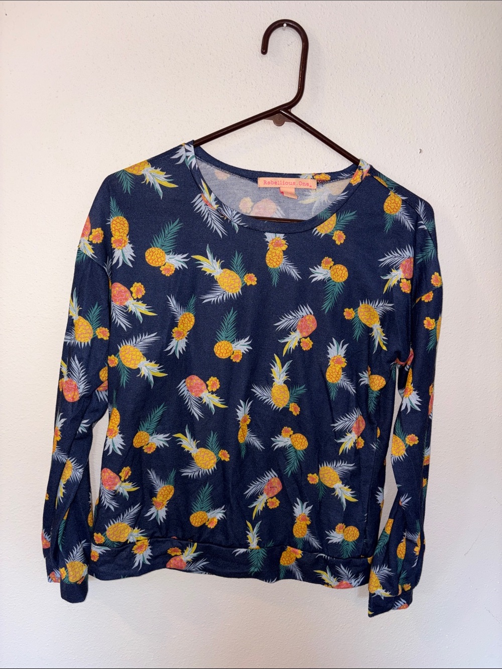 Rebellious One Navy Long-Sleeve Pineapple Print Top
